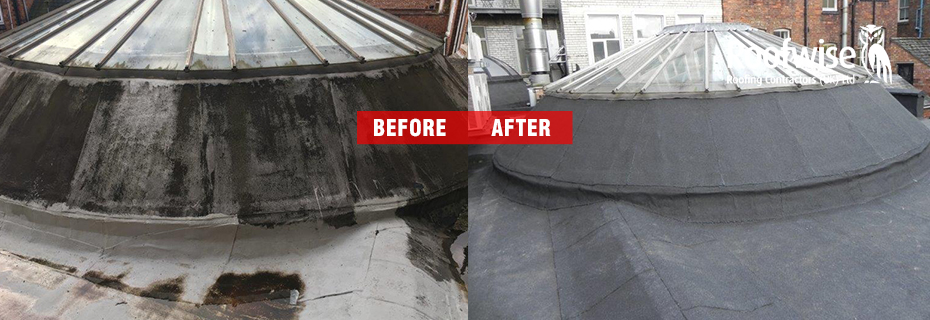 Before and after photo of commercial felf roofing project in Leicester City